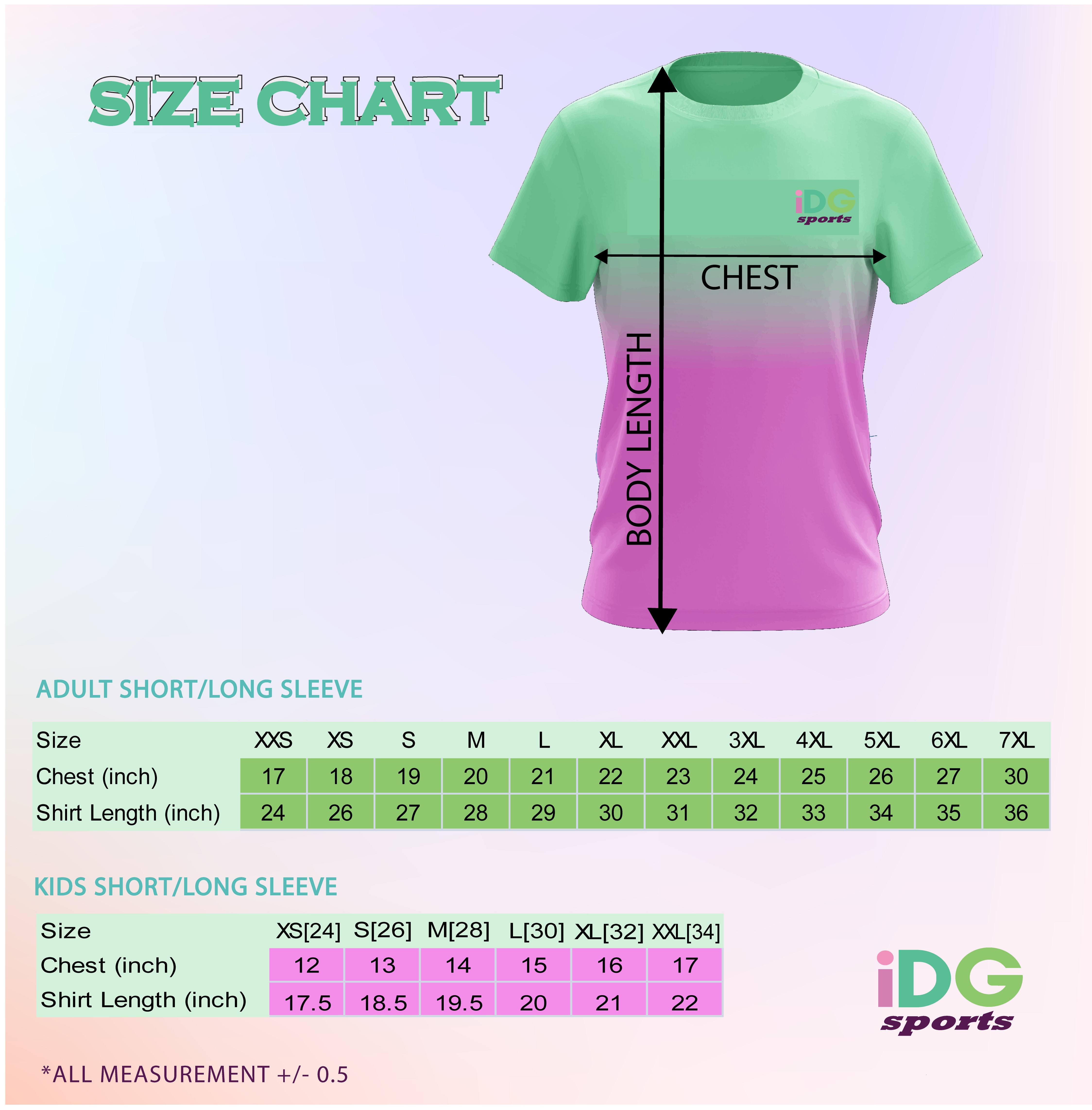 T-Shirt Size Chart — Adult and Kids Short/Long Sleeve